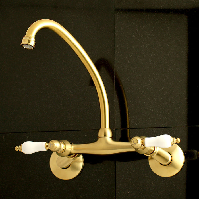 Kingston KS514SB Kingston Two-Handle Wall Mount Kitchen Faucet, Brushed Brass