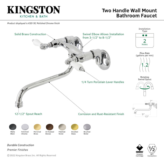 Kingston Brass KS515SN Kingston Double-Handle Wall Mount Bathroom Faucet, Brushed Nickel