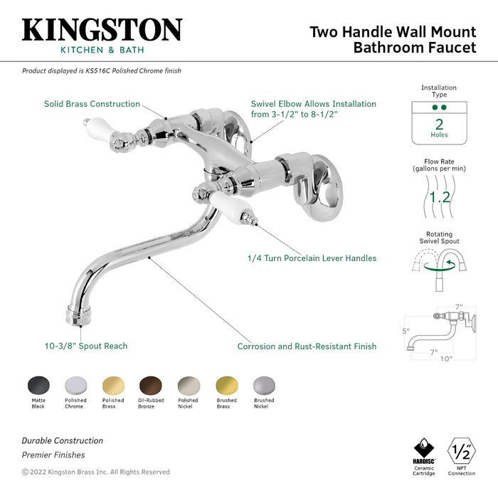 Kingston Brass KS516PB Kingston Double-Handle Wall Mount Bathroom Faucet, Polished Brass