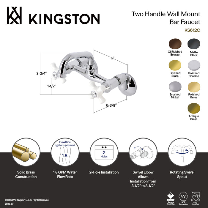 Kingston Brass KS612PB Kingston Double-Handle Wall Mount Bar Faucet, Polished Brass