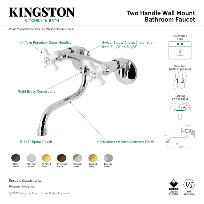 Kingston Brass KS615PB Kingston Double-Handle Wall Mount Bathroom Faucet, Polished Brass