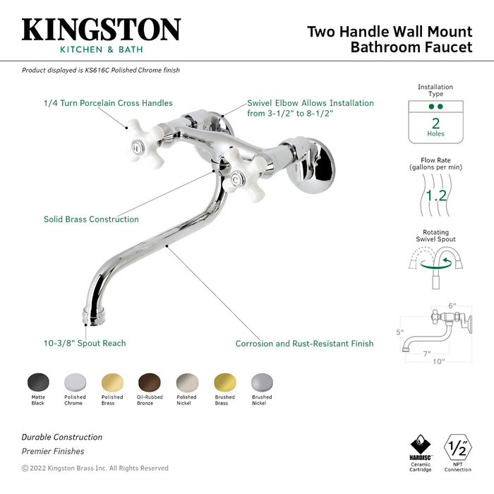 Kingston Brass KS616PB Kingston Double-Handle Wall Mount Bathroom Faucet, Polished Brass