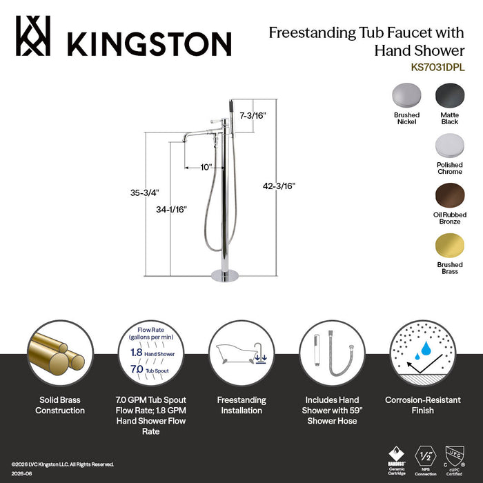 Kingston Brass KS7035DPL Paris Freestanding Tub Faucet with Hand Shower, Oil Rubbed Bronze