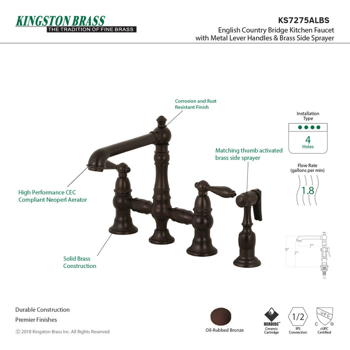Kingston Brass KS7275ALBS English Country Bridge Kitchen Faucet with Brass Side Sprayer, Oil Rubbed Bronze