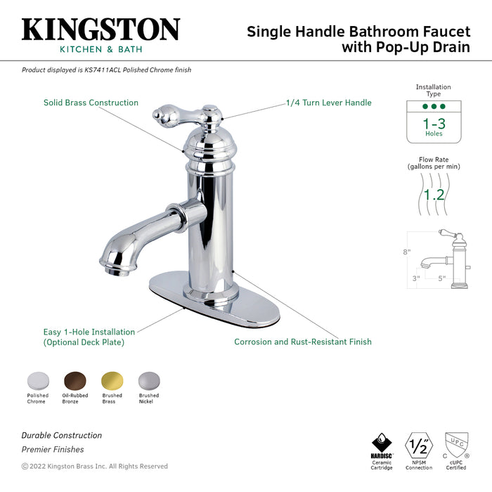 Kingston Brass KS7415ACL American Classic One-Handle Single-Hole Bathroom Faucet with Deck Plate and Brass Pop-Up Drain, Oil Rubbed Bronze