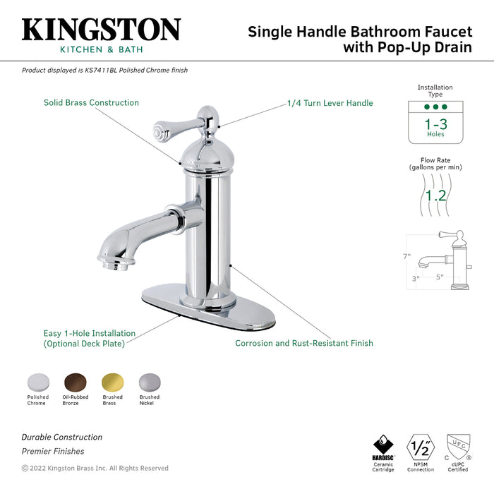 Kingston Brass KS7415BL Paris One-Handle Single-Hole Bathroom Faucet with Deck Plate and Brass Pop-Up Drain, Oil Rubbed Bronze