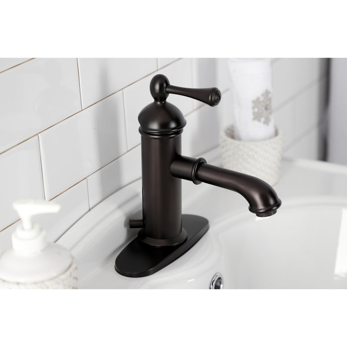 Kingston Brass KS7415BL Paris One-Handle Single-Hole Bathroom Faucet with Deck Plate and Brass Pop-Up Drain, Oil Rubbed Bronze