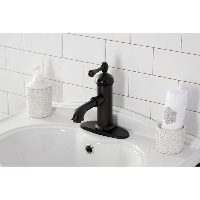 Kingston Brass KS7415BL Paris One-Handle Single-Hole Bathroom Faucet with Deck Plate and Brass Pop-Up Drain, Oil Rubbed Bronze