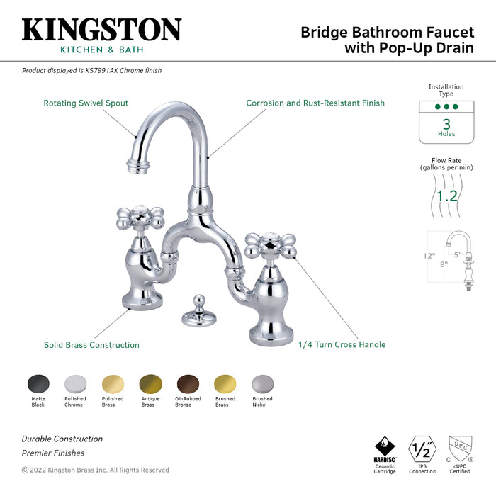 Kingston Brass KS7995AX English Country Bridge Bathroom Faucet with Brass Pop-Up, Oil Rubbed Bronze