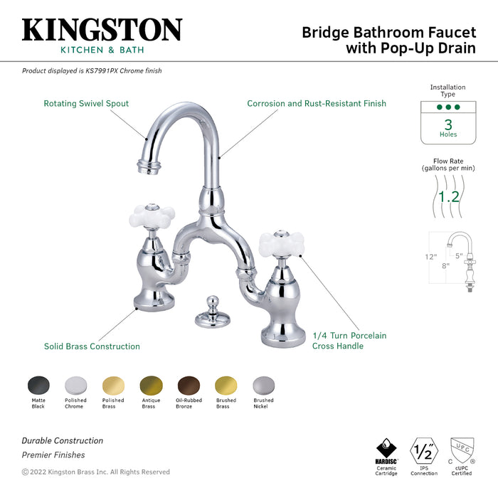Kingston Brass KS7995PX English Country Bridge Bathroom Faucet with Brass Pop-Up, Oil Rubbed Bronze