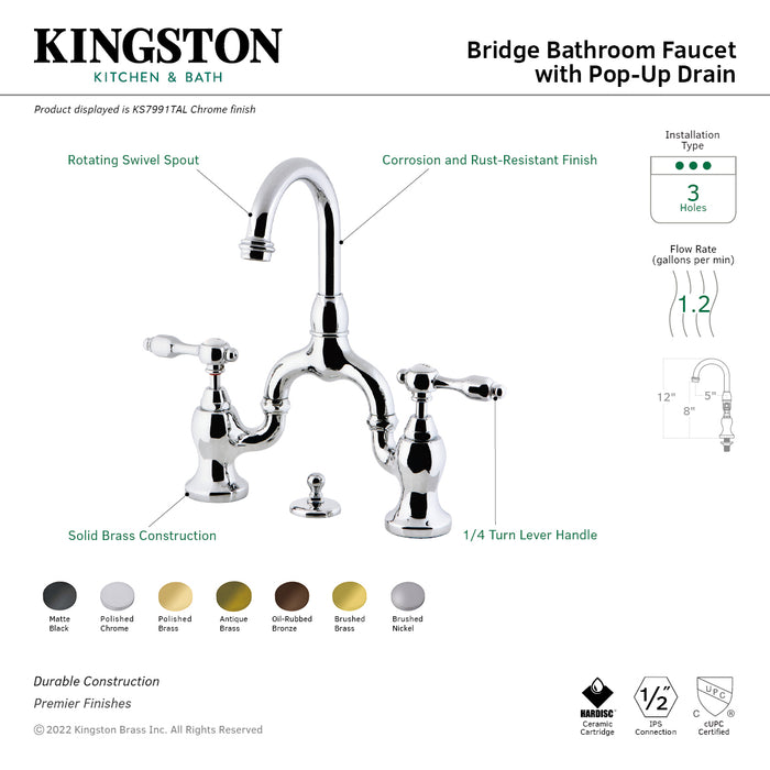 Kingston Brass KS7995TAL Tudor Bridge Bathroom Faucet with Brass Pop-Up, Oil Rubbed Bronze