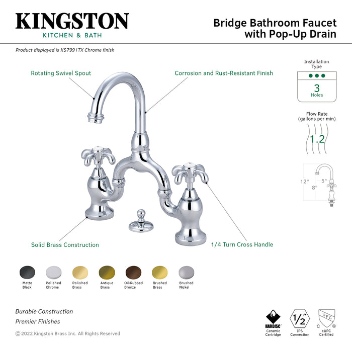 Kingston Brass KS7995TX French Country Bridge Bathroom Faucet with Brass Pop-Up, Oil Rubbed Bronze
