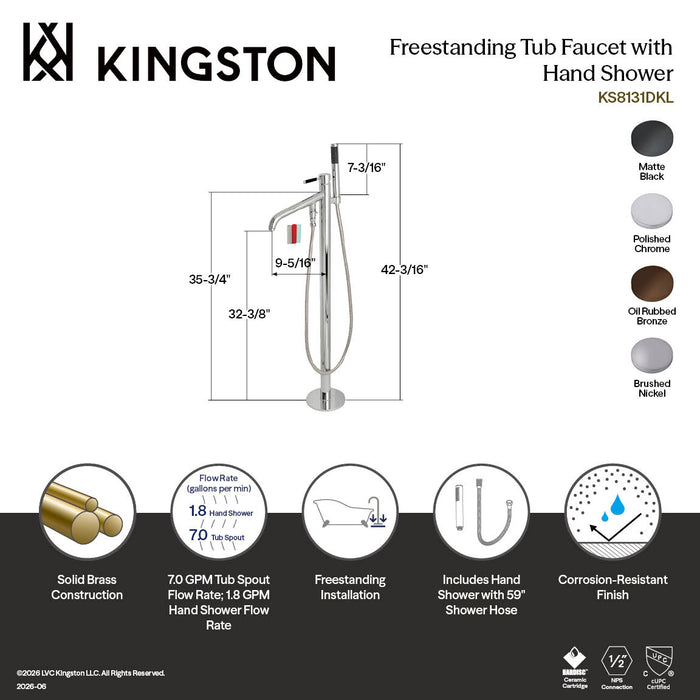 Kingston Brass KS8131DKL Kaiser Freestanding Tub Faucet with Hand Shower, Polished Chrome