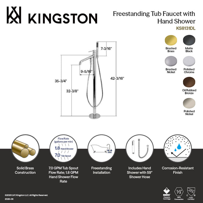 Kingston Brass KS8131DL Concord Freestanding Tub Faucet with Hand Shower, Polished Chrome