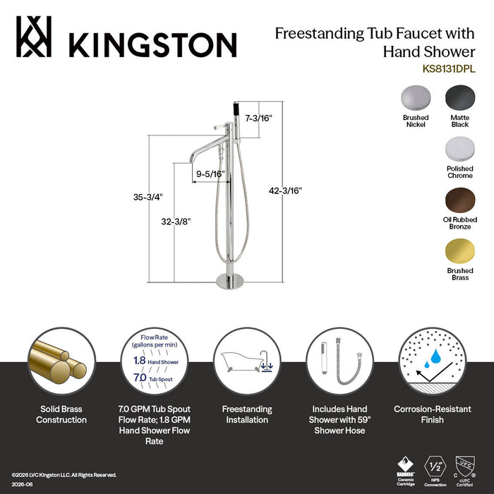 Kingston Brass KS8137DPL Paris Freestanding Tub Faucet with Hand Shower, Brushed Brass