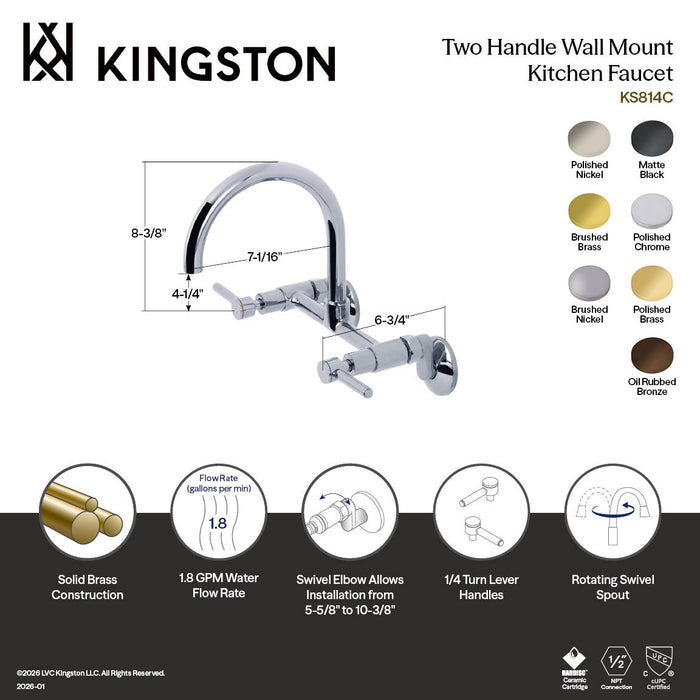 Kingston KS814PB Concord Two-Handle Wall Mount Bridge Kitchen Faucet, Polished Brass