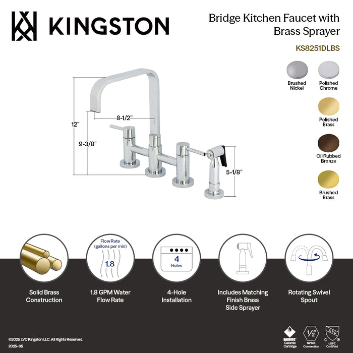 Kingston Brass KS8251DLBS Concord Bridge Kitchen Faucet with Brass Side Sprayer, Polished Chrome