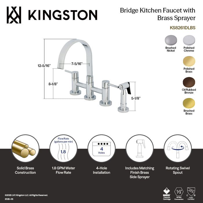 Kingston Brass KS8261DLBS Concord Bridge Kitchen Faucet with Brass Side Sprayer, Polished Chrome