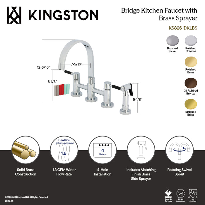 Kingston Brass KS8268DKLBS Kaiser Bridge Kitchen Faucet with Brass Side Sprayer, Brushed Nickel