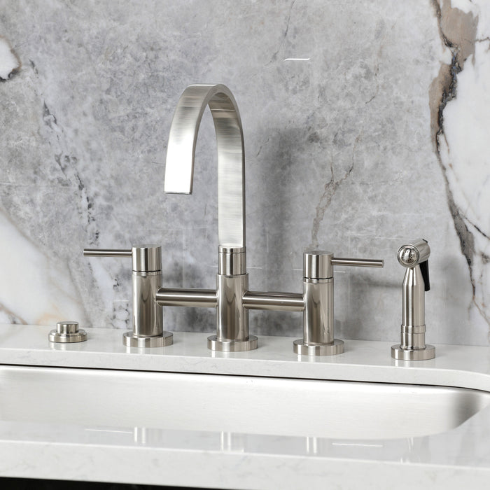 Kingston Brass KS8268DLBS Concord Bridge Kitchen Faucet with Brass Side Sprayer, Brushed Nickel