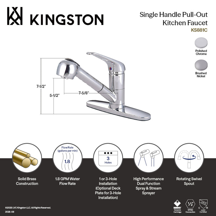 Kingston Brass KS888SN Wyndham Single-Handle Pull-Out Kitchen Faucet, Brushed Nickel