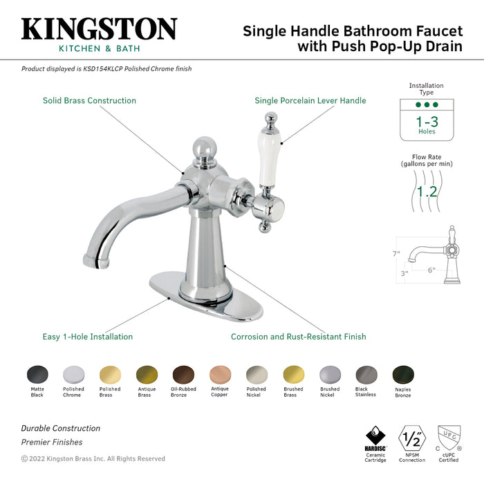 Kingston Brass KSD154KLNB Nautical One-Handle Single-Hole Bathroom Faucet with Deck Plate and Push Pop-Up Drain, Naples Bronze