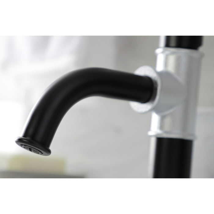 Kingston Brass KSD2821RX Belknap One-Handle Single-Hole Bathroom Faucet with Deck Plate and Push Pop-Up Drain, Matte Black/Polished Chrome