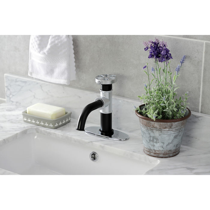 Kingston Brass KSD2821RX Belknap One-Handle Single-Hole Bathroom Faucet with Deck Plate and Push Pop-Up Drain, Matte Black/Polished Chrome