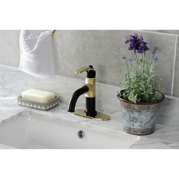 Kingston Brass KSD2822KL Whitaker One-Handle Single-Hole Bathroom Faucet with Deck Plate and Push Pop-Up Drain, Matte Black/Polished Brass