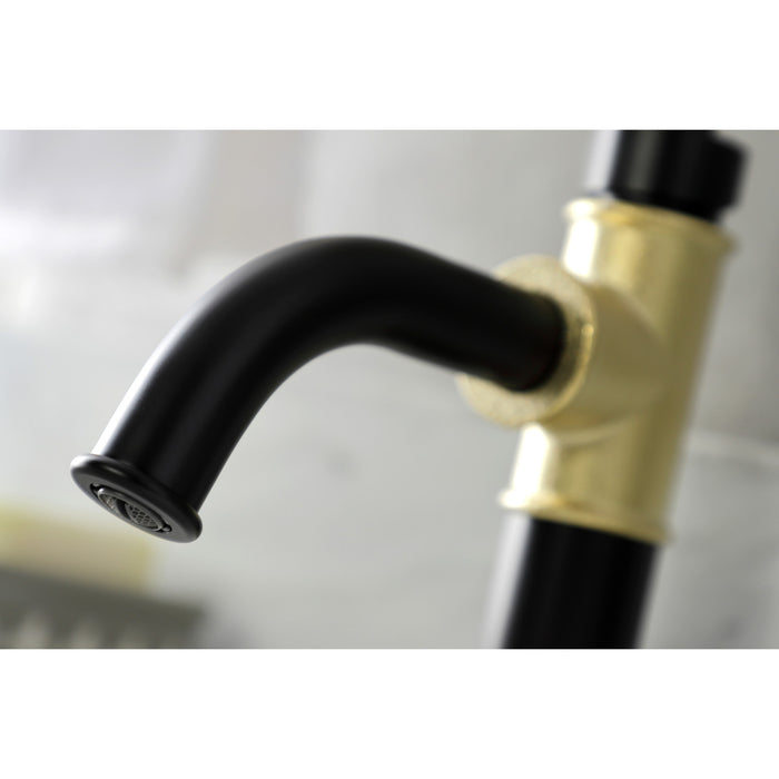 Kingston Brass KSD2822RX Belknap One-Handle Single-Hole Bathroom Faucet with Deck Plate and Push Pop-Up Drain, Matte Black/Polished Brass