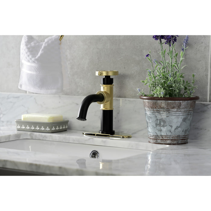 Kingston Brass KSD2822RX Belknap One-Handle Single-Hole Bathroom Faucet with Deck Plate and Push Pop-Up Drain, Matte Black/Polished Brass