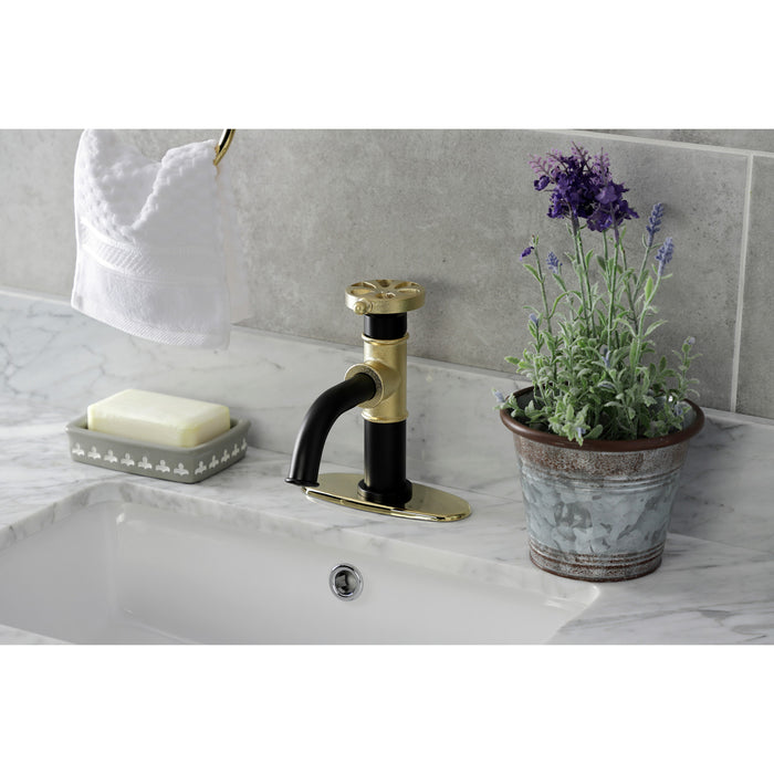 Kingston Brass KSD2822RX Belknap One-Handle Single-Hole Bathroom Faucet with Deck Plate and Push Pop-Up Drain, Matte Black/Polished Brass