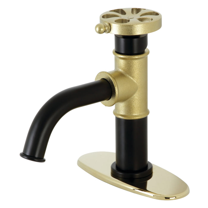 Kingston Brass KSD2822RX Belknap One-Handle Single-Hole Bathroom Faucet with Deck Plate and Push Pop-Up Drain, Matte Black/Polished Brass