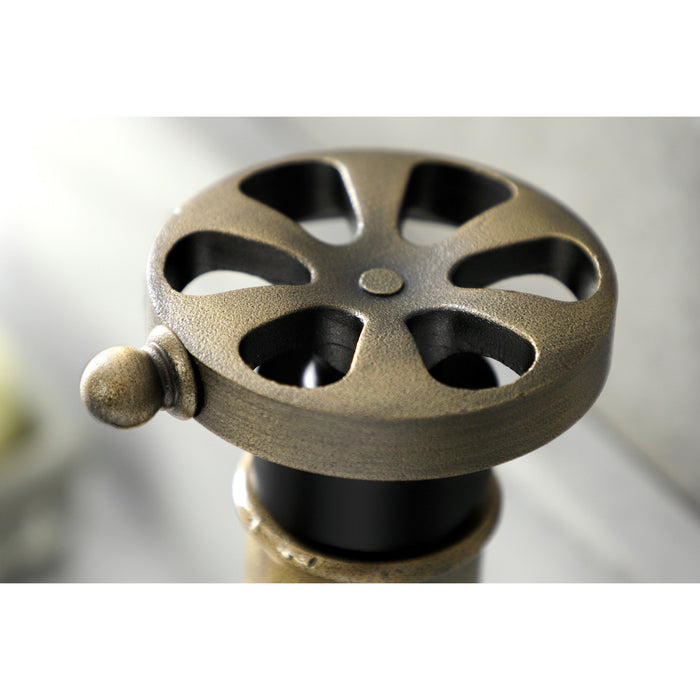 Kingston Brass KSD2823RX Belknap One-Handle Single-Hole Bathroom Faucet with Deck Plate and Push Pop-Up Drain, Matte Black/Antique Brass