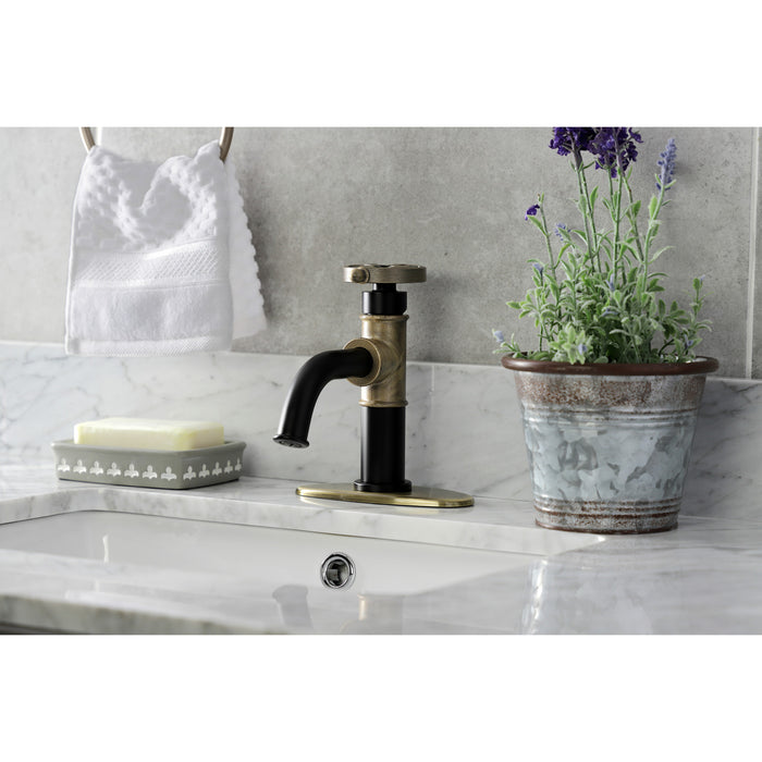 Kingston Brass KSD2823RX Belknap One-Handle Single-Hole Bathroom Faucet with Deck Plate and Push Pop-Up Drain, Matte Black/Antique Brass