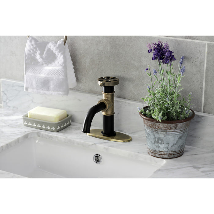 Kingston Brass KSD2823RX Belknap One-Handle Single-Hole Bathroom Faucet with Deck Plate and Push Pop-Up Drain, Matte Black/Antique Brass