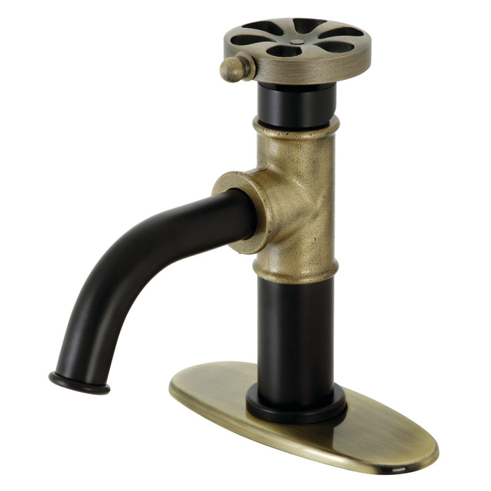 Kingston Brass KSD2823RX Belknap One-Handle Single-Hole Bathroom Faucet with Deck Plate and Push Pop-Up Drain, Matte Black/Antique Brass