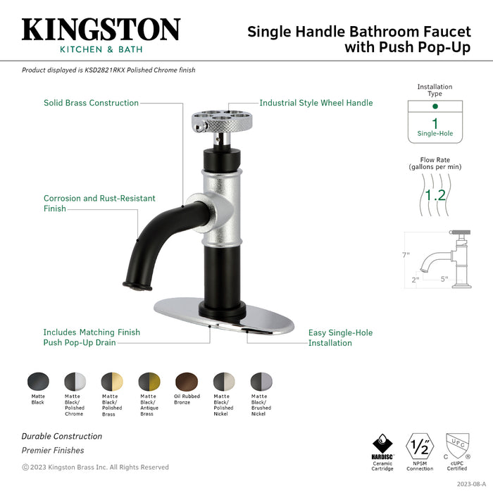 Kingston Brass KSD2825RKX Webb One-Handle Single-Hole Bathroom Faucet with Knurled Handle, Deck Plate, and Push Pop-Up Drain, Oil Rubbed Bronze