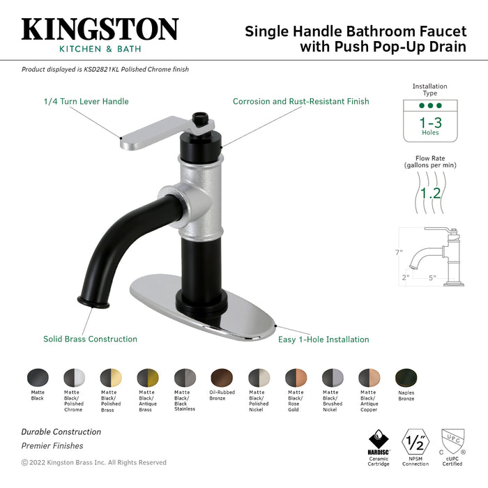 Kingston Brass KSD2826KL Whitaker One-Handle Single-Hole Bathroom Faucet with Deck Plate and Push Pop-Up Drain, Matte Black/Polished Nickel