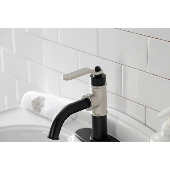 Kingston Brass KSD2826KL Whitaker One-Handle Single-Hole Bathroom Faucet with Deck Plate and Push Pop-Up Drain, Matte Black/Polished Nickel