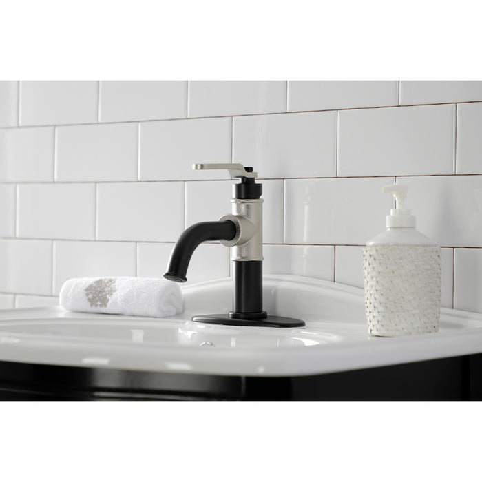 Kingston Brass KSD2826KL Whitaker One-Handle Single-Hole Bathroom Faucet with Deck Plate and Push Pop-Up Drain, Matte Black/Polished Nickel