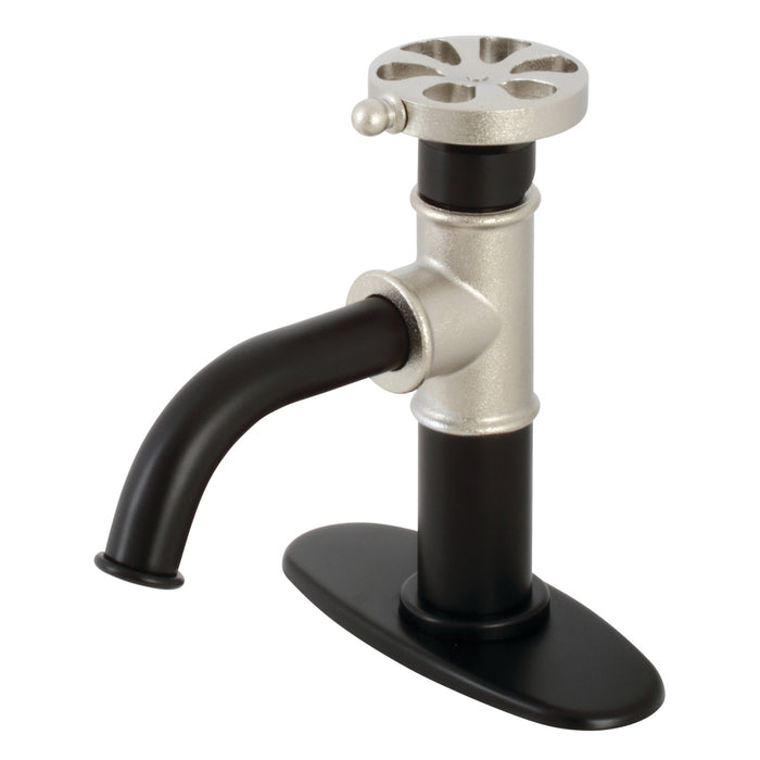 Kingston Brass KSD2826RX Belknap One-Handle Single-Hole Bathroom Faucet with Deck Plate and Push Pop-Up Drain, Matte Black/Polished Nickel