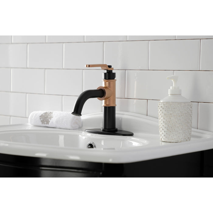 Kingston Brass KSD2827KL Whitaker One-Handle Single-Hole Bathroom Faucet with Deck Plate and Push Pop-Up Drain, Matte Black/Rose Gold