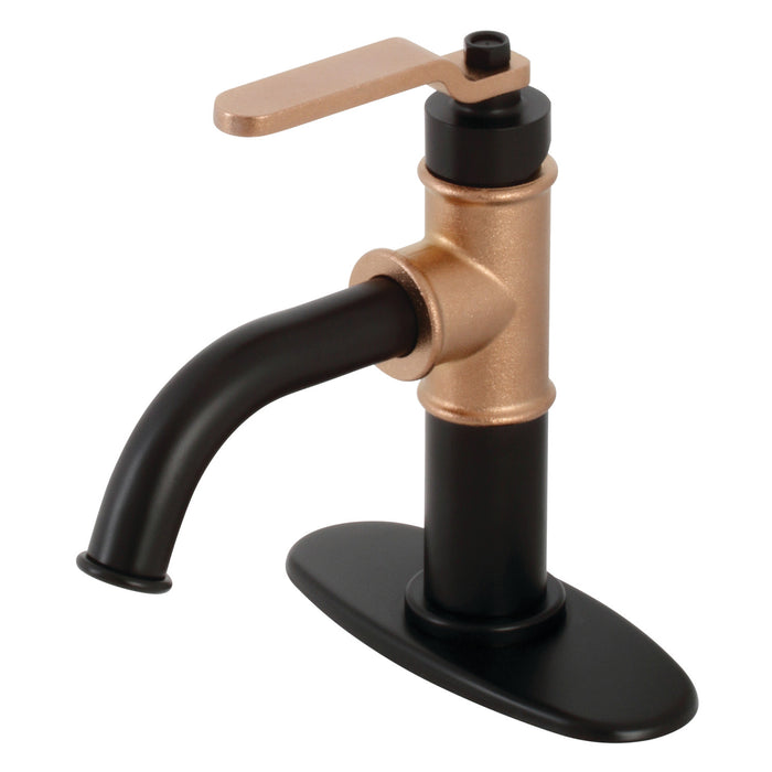 Kingston Brass KSD2827KL Whitaker One-Handle Single-Hole Bathroom Faucet with Deck Plate and Push Pop-Up Drain, Matte Black/Rose Gold