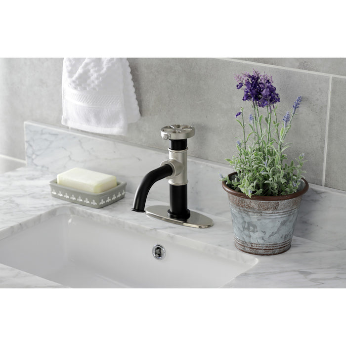 Kingston Brass KSD2828RX Belknap One-Handle Single-Hole Bathroom Faucet with Deck Plate and Push Pop-Up Drain, Matte Black/Brushed Nickel