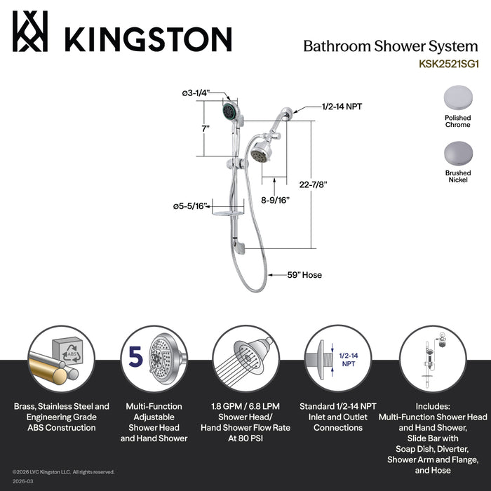 Kingston Brass KSK2528SG8 Made to Match Shower System with 22" Slide Bar and Hand Shower, Brushed Nickel