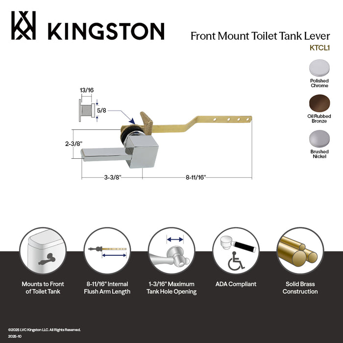 Kingston Brass KTCL8 Claremont Front Mount Toilet Tank Lever, Left/Right Installation, Brushed Nickel