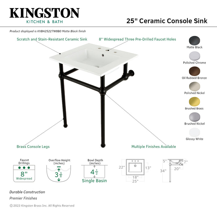 Kingston Brass KVBH25227W8B5 Templeton 25" Ceramic Console Sink with Brass Legs (8-Inch, 3-Hole), White/Oil Rubbed Bronze