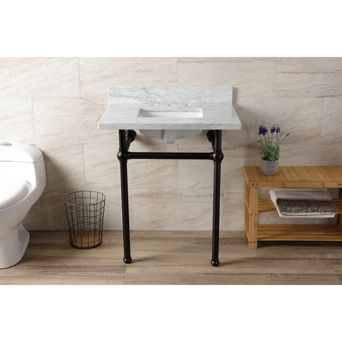 Kingston Brass KVBH3022M8SQ5 Templeton 30" Carrara Marble Console Sink with Brass Legs (8-Inch, 3-Hole), Marble White/Oil Rubbed Bronze