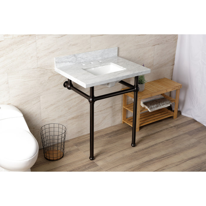 Kingston Brass KVBH3022M8SQ5 Templeton 30" Carrara Marble Console Sink with Brass Legs (8-Inch, 3-Hole), Marble White/Oil Rubbed Bronze